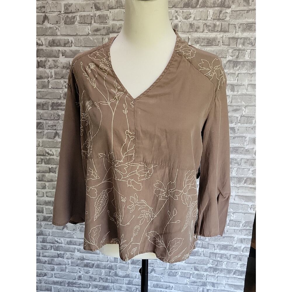 J. Jill Taupe Floral V-Neck Cotton-silk Blend Blouse with Cream Embroidery Sz M